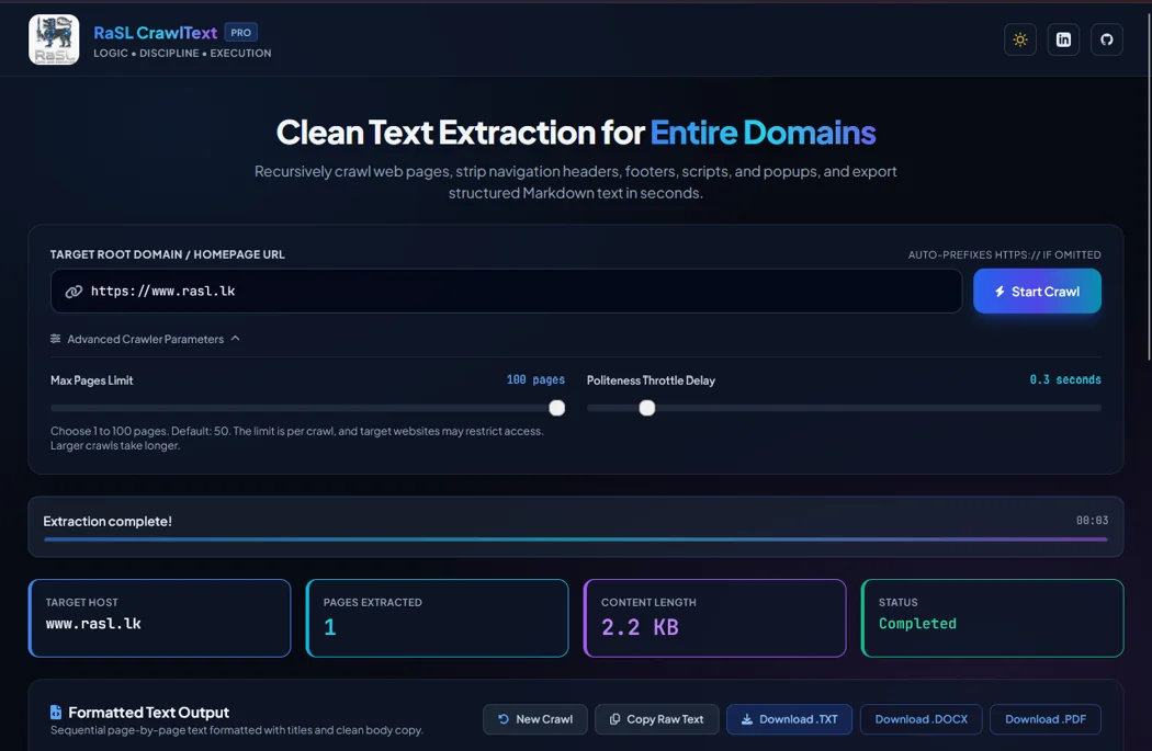 Actual CrawlText web application interface showing the crawl controls and completed extraction